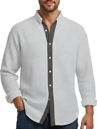 Generic Mens Waffle Long Sleeve Shirt, Button Down, Textured Waffle Shirts Trendy Spring Fall Tops, for Office Work White L
