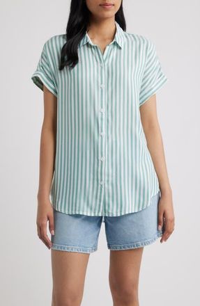 Beach Lunch Lounge Kenzie Stripe Short Sleeve Button-Up Shirt in Lucky Clover at Nordstrom, Size X-Small