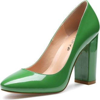 Castamere High Heels Womens Block Heels Round Toe Slip-on Court Shoes 4IN Heeled Patent Light Green Pumps UK 6.5