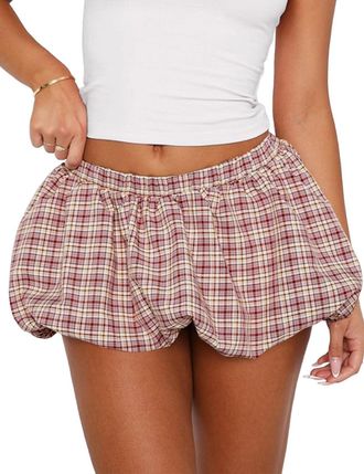 Generic Womens Mini Plaid Bubble Skirts 2025 Summer Sexy Low Waist Y2k Puffy Ruffle Balloon Skirt with Short Underneath(Burgundy,Small)