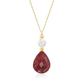 Ross-Simons Ruby and Cultured Pearl Drop Necklace in 14kt Yellow Gold
