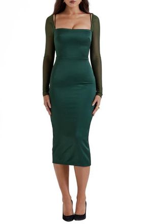 House of CB Ellica Long Sleeve Satin Sheath Cocktail Dress in Emerald Green at Nordstrom, Size X-Small