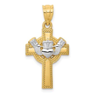 Diamond2Deal 14k Yellow Gold Rhodium Accent Claddagh Cross Pendant