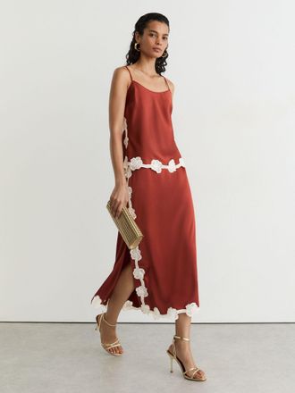 Reiss Rust Orange Satin Floral-lace Trim Midi Skirt, 10