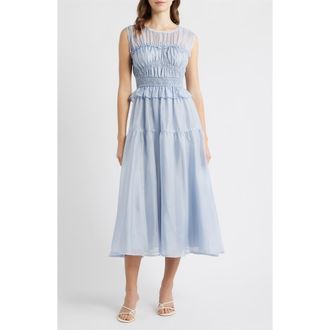 Moon River Semi Sheer Yoke Gathered Peplum Midi Dress in Dusty Blue at Nordstrom, Size X-Large
