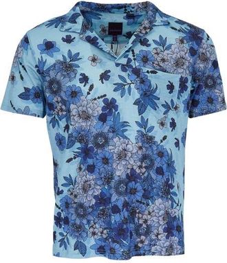 Lords of Harlech Bobby Merino Wool Johnny Collar Polo in Valencia Floral Teal at Nordstrom, Size Xx-Large