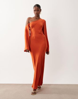 Asos Vestito lungo a colonna color ruggine con spalle scivolate e maniche lunghe-Rosso