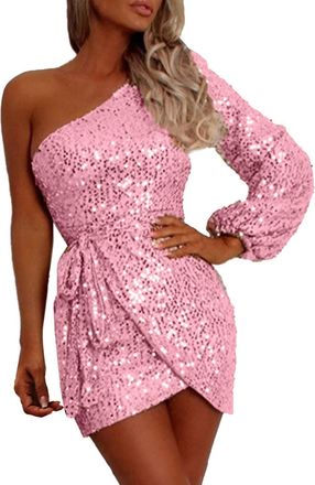 Generic One Shoulder Dresses for Women UK Sexy Sequins Mini Dresses Sparkle A Line Wedding Guest Dresses Wrapped Dinner Party Festival Dresses Shiny Tube Club