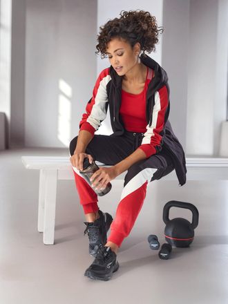 H.I.S Kapuzensweatjacke H.I.S, Damen, Gr. XL (48/50), schwarz, Interlock, Obermaterial: 100% Baumwolle, Sweatjacken Kapuzensweatjacke, mit Colorblock Design