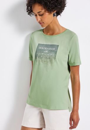 Street One T-Shirt STREET ONE, Damen, Gr. 34, gr&uuml;n (soft jade gr&uuml;n), Jersey, Obermaterial: 50% Baumwolle, 50% Modal, bedruckt, regular fit taillenbedeckt, U-Boot