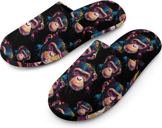 Generic Colorful Chimpanzee Face Monkey Flannel Mens Slip-on Slippers Winter Warm House Shoes with Rubber Sole for Home Hotel