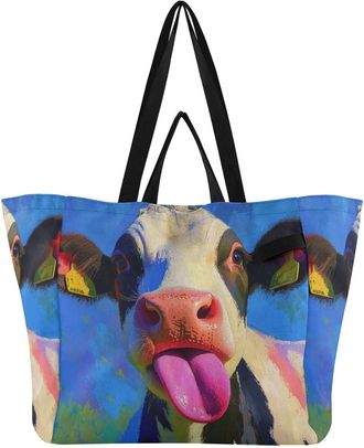 Generic Cow Blue print Reusable Canvas Tote Bag, Heavy Duty Grocery Shopping Bag with Hard Bottom Large Capacity Double Handles Work Groceries Travel