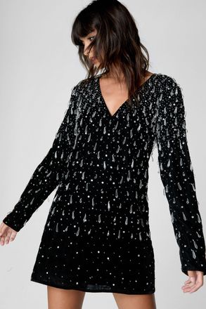 NASTY GAL Womens Tear Drop Embellished Velvet Plunge Dress - Black - Size 6 UK