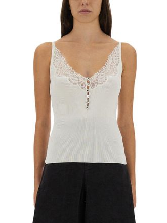 Self Portrait Ribbed Knit with Lace Blouse - White