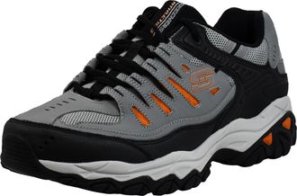Skechers Mens Afterburn M. Fit Fashion Sneakers - Leather Upper, Memory Foam Insole, Rubber Outsole, Charcoal/Orange, 11.5 X-Wide