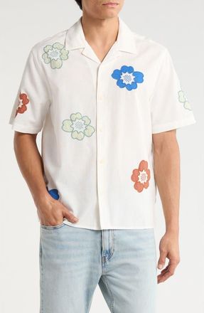 Wax London Didcot Floral Appliqu&eacute; Cotton & Linen Camp Shirt in Ecru/multi at Nordstrom, Size X-Large