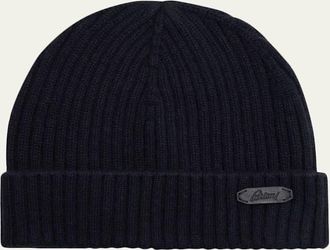 Brioni Mens Cashmere Rib Leather-Label Beanie Hat