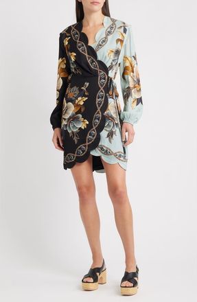 Farm Rio Snake Garden Mix Print Long Sleeve Wrap Dress in Black at Nordstrom, Size Xx-Small