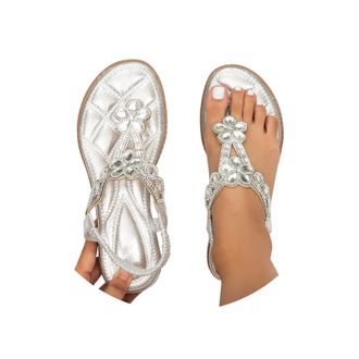 Generic Ladies Faux Leather Open Toe T-Bar Diamante Gem Stone Flat Summer Sandals Causal Lightweight Slip on Slides Platform Slippers Beach Holiday Essential 