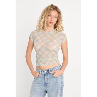 Good American Womens The Mesh Baby T-Shirt | Summer Plaid Honey, Size Medium | Good American by Khlo&Egrave; Kardashian