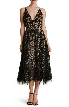 Dress The Population Blair Embellished Fit & Flare Cocktail Dress in Black/Nude at Nordstrom, Size Xx-Small