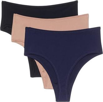 Hanky Panky YourFittm High Cut Thong 3 Pack Womens Underwear Black/Almond/Retrograde, Nylon/Spandex
