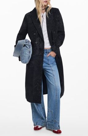Desigual Embroidered Double Breasted Coat in Black at Nordstrom, Size X-Large