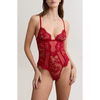 Etam Infini Rouge Lace & Mesh Bodysuit in Red at Nordstrom, Size Medium