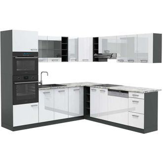 Vicco Cocina esquinera R-Line, Blanco brillo/antracita, 237 x 247 cm, ET Mármol, Vicco