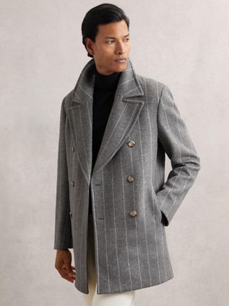 Reiss Grey Wool-blend Chalk-stripe Pea Coat, XL