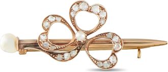 Luxury Bazaar Antique 14K Yellow Gold 0.20ct Diamond and Pearl Clover Brooch MF13-091426