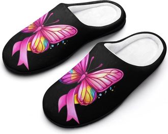Generic Rainbow Ribbon Breast Cancer Awareness Womens Slippers Warm House Slippers Indoor House Shoes with Anti-Skid Rubber Sole