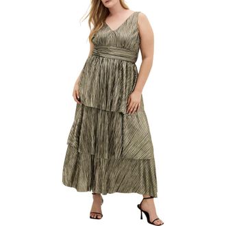 City Chic Metallic Tiered Maxi Dress in Bronze at Nordstrom, Size Xxl