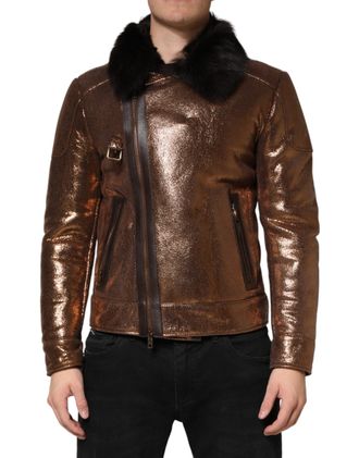 Dolce & Gabbana Bronze Leather Fur Full Zip Men Biker Mens Jacket