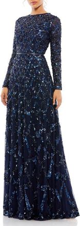Mac Duggal Embellished Illusion High Neck Long Sleeve A Line Gown in Midnight at Nordstrom, Size 4