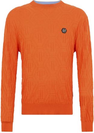 Philipp Plein Jacquard Ronde Hals Pullover Monogram - Heren - Ronde hals truien - Oranje - S - Wol - Truien & Vesten