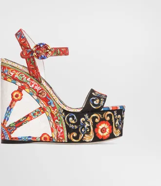 Dolce & Gabbana Carretto-print Brocade Wedge Sandals - Woman Sandals And Wedges Multicolor 38.5