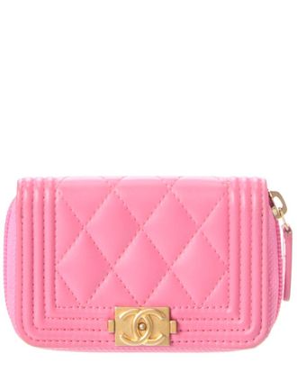 Chanel Pink Quilted Lambskin Leather Boy Zip Around Coin Case (Authentic Pre- Loved)