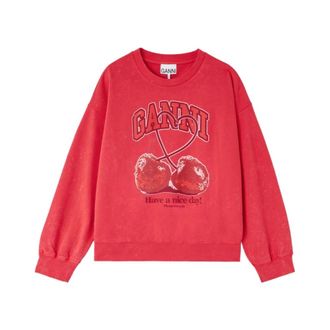 Ganni Sweatshirts, female, Red, Size: XS Cherry Print Crewneck