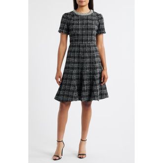 Eliza J Rhinestone Trim Fit & Flare Tweed Dress in Black at Nordstrom Rack, Size 10