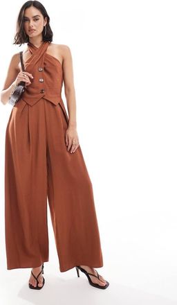Asos twist neck button up jumpsuit-Auburn