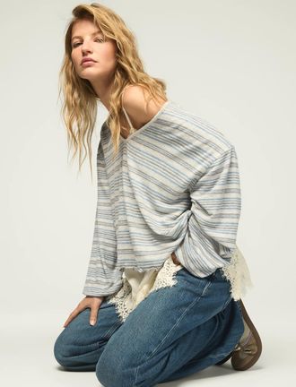 Lucky Brand Womens Cloud Lettuce Hem V Neck Top