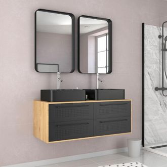 Aurlane Paquete De Ba&ntilde;o Caja De Ba&ntilde;o Acabado De Roble Natural + 2 Cuencas Negras Mate + 2 Espejos - Uby 120cm