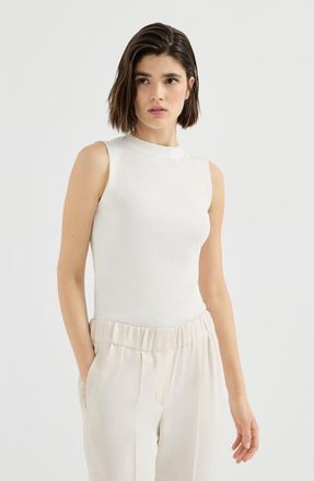 Brunello Cucinelli Cotton ribbed jersey top with monili in Ivory at Nordstrom, Size Xxx-Large