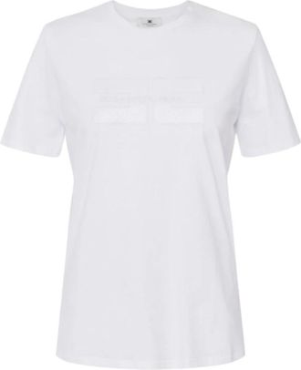 Elisabetta Franchi T-shirt van katoenen jersey met korte mouwen en strasslogo - Dames - T-shirts - Wit - M - Katoen - Tops