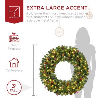 Best Choice Products Pre-Lit Christmas Wreath w/Berries & Pinecones, Large Artificial Indoor/Outdoor D&eacute;cor, Plug-in