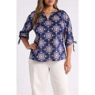 Jones New York Printed Tie Cuff Raglan Sleeve Cotton Top in Pacific Navy Multi at Nordstrom, Size 1 X