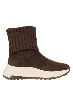 Hogan Brown Suede Ribbed Wool Cuff Ankle Boots