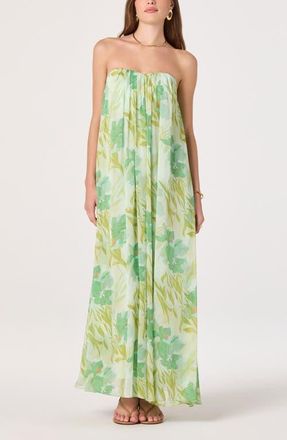 ASTR the Label Aileen Strapless Chiffon Maxi Dress in Green Tropical at Nordstrom, Size X-Small