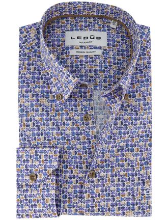 Led&ucirc;b Overhemd blauw Ledub geprint bruin patroon button down